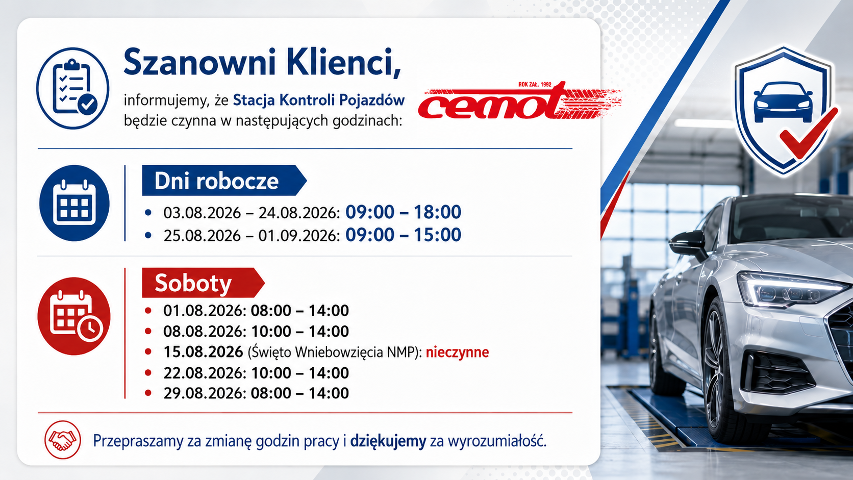 Ogloszenie - godziny pracy Stacji Kontroli Pojazdow